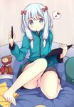 bangs barefoot blanket blue_eyes blue_hair blush bow c: closed_mouth commentary_request eighth_note eromanga_sensei eyebrows_visible_through_hair hair_bow humming izumi_sagiri jacket long_hair looking_at_viewer musical_note on_bed panties pillow pink_panties red_bow sitting smile solo spoken_musical_note stuffed_animal stuffed_toy teddy_bear thighs underwear usume_shirou 