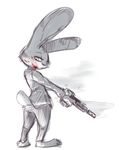  2017 anthro barefoot blood clothed clothing disney gun handgun holding_object holding_weapon jack_savage lagomorph looking_back male mammal nobby_(artist) pistol rabbit ranged_weapon restricted_palette simple_background solo standing suit weapon white_background zootopia 