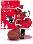  1girl 2023 absurdres aronnecroman bow braid brown_footwear capelet cat_tail christmas_tree closed_eyes commentary english_commentary full_body fur_trim green_bow hair_bow hat highres hitodama kaenbyou_rin merry_christmas multiple_tails nekomata pom_pom_(clothes) red_capelet red_hair red_headwear red_skirt santa_costume santa_hat side_braids skirt solo standing tail touhou twin_braids two_tails 