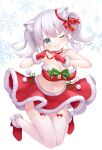  1girl :d animal_ear_fluff animal_ears bare_shoulders blue_eyes bow bra breasts cat_ears cat_girl christmas collar collarbone ear_ribbon extra_ears frilled_collar frills fur-trimmed_bra fur-trimmed_footwear fur-trimmed_gloves fur-trimmed_skirt fur_trim gloves green_bow heart heart_hands highres knees_together_feet_apart looking_at_viewer medium_breasts medium_hair midriff one_eye_closed original pom_pom_(clothes) red_bow sakura_moyon santa_costume skirt smile snowflake_background solo swept_bangs thighhighs twintails underwear white_hair white_thighhighs 