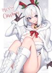  1girl animal_ears bell black_gloves breasts capelet cleavage fake_animal_ears fox_shadow_puppet fur-trimmed_capelet fur-trimmed_leotard fur_trim gloves grey_eyes highleg highleg_leotard highres large_breasts leotard long_hair looking_at_viewer merry_christmas neck_bell oopartz_yang original playboy_bunny rabbit_ears solo white_hair white_leotard 