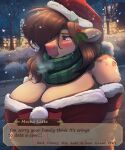 absurd_res anthro ardail arm_under_breasts big_breasts blue_eyes bodily_fluids bovid bovine breasts brown_hair cattle christmas christmas_clothing christmas_headwear city cleavage clothed clothing crying dialogue eyelashes female fur hair hair_over_eye hat headgear headwear hi_res holidays hooved_hands horn mammal mistletoe mocha_latte night one_eye_obstructed pink_nose plant santa_hat scarf sky snow snowing solo tan_body tan_fur tears text_box
