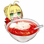  1girl :d ahoge blonde_hair blush_stickers bowl braid braided_bun chibi dress drooling fate/extra fate/extra_ccc fate_(series) food food_request hair_bun hair_intakes highres kou_mashiro nero_claudius_(fate) nero_claudius_(fate)_(all) open_mouth red_dress round_teeth simple_background smile solo spoon teeth white_background 