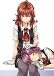  ahoge arashi_(kantai_collection) closed_eyes commentary_request gloves hagikaze_(kantai_collection) highres kamelie kantai_collection long_hair lying_on_lap multiple_girls open_mouth purple_eyes purple_hair red_hair school_uniform short_hair simple_background skirt smile vest 