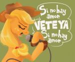applejack_(mlp) clothing coypuppy earth_pony electronics equid equine female feral friendship_is_magic hasbro hat headgear headwear horse mammal microphone my_little_pony pony singing solo spanish_text text