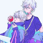  2boys apple aqua_hair brothers closed_mouth cozmez_(paradox_live) food fruit grey_background highres holding holding_food holding_fruit leaning_back leaning_on_person male_focus multicolored_hair multiple_boys open_mouth paradox_live phantometal_(paradox_live) purple_eyes purple_hair red_apple short_hair siblings simple_background teeth twins uni_yururururu yatonokami_kanata yatonokami_nayuta 