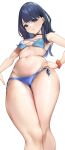  1girl absurdres bikini blue_eyes blue_hair breasts check_commentary choker commentary commentary_request curvy eyelashes from_below gridman_universe hair_over_shoulder hand_on_own_hip highres knees long_bangs long_hair looking_at_viewer navel outstretched_arm panties parted_lips plump print_bikini scrunchie simple_background small_breasts ssss.gridman stomach sweat swimsuit takarada_rikka thick_thighs thighs underwear wet white_background wrist_scrunchie zah_takara 