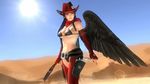  1girl 3d black_hair breasts cowboy_hat cowgirl dead_or_alive dead_or_alive_5 desert gun large_breasts long_hair official_art smile solo tecmo wings 