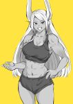  1girl :d abs animal_ears bare_arms bare_shoulders black_shorts black_sports_bra boku_no_hero_academia breasts cleavage collarbone dark-skinned_female dark_skin dolphin_shorts greyscale_with_colored_background hand_on_own_hip highres large_breasts long_eyelashes long_hair looking_at_viewer mirko navel omanju25 rabbit_ears rabbit_girl short_shorts shorts smile solo sports_bra stomach swept_bangs teeth thighs toned very_long_hair yellow_background 