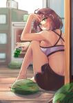  :3 absurdres ahoge arm_rest beer_can breasts brown_hair can dolphin_shorts drink_can full_body green_eyes hair_ornament hand_up highres holding holding_can indie_virtual_youtuber indoors knee_up light_smile looking_at_viewer looking_to_the_side medium_breasts medium_hair midriff miori_celesta mogu_(miori_celesta) musical_note musical_note_hair_ornament on_floor oven parted_lips refrigerator ryushi shorts sitting slime_(creature) sports_bra star_(symbol) star_in_eye sweat symbol_in_eye toaster treble_clef virtual_youtuber white_sports_bra wooden_floor 