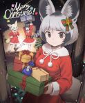  alternate_costume animal_ears bat-eared_fox_(kemono_friends) belt black_hair blonde_hair blush bow brown_belt brown_eyes christmas christmas_present common_raccoon_(kemono_friends) dress fang fennec_(kemono_friends) fox_ears fox_girl fox_tail fur_collar fur_trim gift green_bow grey_hair hair_between_eyes hair_bow hands_on_own_hips highres ito_yoki kemono_friends kemono_friends_3 long_sleeves looking_at_viewer merry_christmas multicolored_hair open_mouth panties raccoon_ears raccoon_girl raccoon_tail red_bow red_dress santa_costume short_hair sidelocks smile tail two-tone_bow underwear white_fur white_hair white_panties 