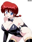  1girl absurdres black_leotard blue_eyes braid braided_ponytail breasts cleavage donguri2 gloves highres large_breasts leotard long_hair looking_at_viewer ranma-chan ranma_1/2 saotome_ranma solo white_background 