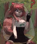  1girl :3 ? animal_ears bandaid bandaid_on_face bandaid_on_nose bare_arms bare_shoulders between_legs black_gloves black_shorts blankcode blue_eyes blush breasts brown_hair brown_thighhighs butterfly_net camisole cleavage colored_tips commentary confused english_commentary forest frown gloves hair_flaps hand_between_legs hand_net hand_up high-waist_shorts highres large_breasts multicolored_eyes multicolored_hair nature outdoors owozu raccoon_ears raccoon_girl raccoon_tail rakkun_sutaru red_eyes red_hair short_hair short_shorts shorts sitting sketch solo streaked_hair tail thighhighs two-tone_hair virtual_youtuber wariza white_camisole 