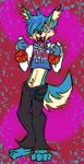 &lt;3 anonymous_artist blue_body bottomwear canid canine canis clothing collar crop_hoodie denim denim_bottomwear denim_clothing domestic_dog hi_res husky jeans looking_at_viewer mammal nordic_sled_dog pants raised_hand solo spitz standing tan_body tyler.py