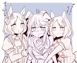  2girls :d animal_ears border dual_persona gloom_(expression) grey_background greyscale highres horse_ears horse_girl monochrome multiple_girls narita_brian_(umamusume) parted_bangs sakura_laurel_(umamusume) short_hair simple_background smile spot_color umamusume upper_body white_border yonedatomo_mizu 