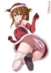  1girl ass blush bow breasts brown_hair christmas commentary_request ebifurya folded_ponytail from_behind fur-trimmed_headwear fur_trim gloves hat highres inazuma_(kancolle) kantai_collection long_hair looking_at_viewer open_mouth panties santa_costume santa_hat solo striped striped_panties thighhighs twisted_torso twitter_username underwear white_background 
