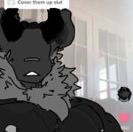 &lt;3 big_chest black_body blush cover demon demonic eyeless fur grey_body grey_fur horn humanoid icon male male_focus neck_tuft nipples shadow_creature skittlefluffer solo text tuft white_mouth