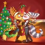 &lt;3 &lt;3_eyes 1:2 accidental_holly blue_eyes bolts breasts butt chimney christmas christmas_clothing christmas_decorations christmas_headwear christmas_present christmas_tree clank_(ratchet_and_clank) clothing cybernetic_arm cybernetic_limb duo ear_piercing ear_ring female fluffy fluffy_tail french_kissing fur gift gift_box gloves gold_bolt handwear hat headgear headwear hi_res holidays holly_(plant) kiss_on_lips kissing kit_(ratchet_and_clank) lombax luchosfactory male male/female mammal nuzzling piercing plant ratchet ratchet_and_clank ring_piercing rivet_(ratchet_and_clank) romantic romantic_ambiance romantic_couple santa_hat scarf sony_corporation sony_interactive_entertainment star surprise_kiss tail tree white_body white_fur yellow_body yellow_fur