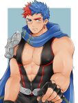  1boy abs absurdres armor bara black_gloves black_jumpsuit blue_background blue_hair blue_scarf blush clenched_teeth clothes_grab covered_nipples crave_saga earrings fingerless_gloves gloves higemaccho highres jewelry jumpsuit looking_at_viewer male_focus multicolored_hair muscular muscular_male partially_unzipped pectoral_cleavage pectorals reaching reaching_towards_viewer red_hair scarf shoulder_armor shy simple_background solo split-color_hair svalinn_(crave_saga) teeth two-tone_eyebrows two-tone_hair 