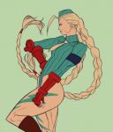  arm_guards armband boots braid cammy_white camouflage hat high_collar highres kris_anka military_hat necktie scar scar_on_face street_fighter street_fighter_zero_(series) twin_braids yellow_necktie 