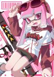  1girl absurdres barcode baseball_uniform black_shorts carbon_roller_(splatoon) commentary_request eyewear_on_head fangs highres inkling inkling_girl knees_together_feet_apart long_hair looking_at_viewer namazuoku open_mouth pink-framed_eyewear pink-tinted_eyewear pink_eyes pink_hair pink_trim pointy_ears short_shorts shorts smile solo splatoon_(series) splatoon_3 sportswear sunglasses tentacle_hair tinted_eyewear white_background 