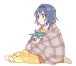  2girls blue_hair blush braid brown_eyes brown_pants buttons collared_shirt commentary covered_mouth floral_print furutani_himawari furutani_kaede hair_intakes hairband highres hug hug_from_behind kneeling looking_ahead multiple_girls namori pajamas pants plaid_blanket polka_dot_socks shirt siblings simple_background sisters sitting socks symbol-only_commentary thick_eyebrows twin_braids twintails white_background yellow_pants yellow_shirt yellow_socks yuru_yuri 