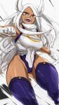  1girl absurdres animal_ears boku_no_hero_academia breasts crescent_print dark-skinned_female dark_skin gloves highres king_rooper large_breasts leotard long_eyelashes long_hair looking_at_viewer mirko open_mouth parted_bangs rabbit_ears rabbit_girl red_eyes sleeveless_turtleneck_leotard solo thick_thighs thighhighs thighs white_hair white_leotard 
