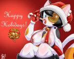 5:4 anthro big_breasts bimbo_lips bodily_fluids breasts calico_cat christmas christmas_candy christmas_clothing clothing domestic_cat felid feline felis female gomezcat holidays katy_cali mammal nipples pinup pose saliva solo sucking