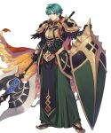  1boy axe battle_axe cape ephraim_(fire_emblem) ephraim_(twin_refulgence)_(fire_emblem) ephraim_(twin_refulgence)_(resplendent)_(fire_emblem) fire_emblem fire_emblem:_the_sacred_stones fire_emblem_heroes gold_trim green_eyes highres holding holding_axe holding_shield non-web_source official_alternate_costume official_art red_cape shield solo weapon 