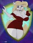 2023 4_fingers animaniacs anthro big_breasts blonde_hair breasts clothing dress female fingers fur hair hi_res humanoid_hands mammal minerva_mink mink mustelid musteline pink_nose signature smile solo teeth true_musteline warner_brothers white_body white_fur yawg