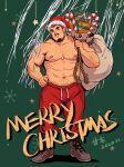  1boy abs absurdres arm_hair bara belly blue_eyes boots bulge chest_hair christmas full_body gangdong hairy hat head_tilt highres large_pectorals looking_at_viewer male_focus mature_male merry_christmas muscular muscular_male navel navel_hair nipples original pectorals plump red_headwear santa_costume santa_hat short_hair solo standing stomach strongman_waist thick_eyebrows topless_male 