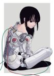  1girl absurdres android black_eyes black_hair border closed_mouth grey_background highres joints looking_at_viewer original robot_joints science_fiction sitting solo sukabu 