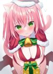  1girl animal_ear_fluff animal_ears bell bikini blurry blush boots bow bowtie breasts capelet cat_ears cat_girl cat_tail christmas cleavage depth_of_field from_above fur-trimmed_boots fur-trimmed_capelet fur_trim gift green_bow green_eyes hair_between_eyes hamico haruka_(hamico) hat highres holding holding_gift long_bangs looking_at_viewer looking_up medium_breasts neck_bell original pink_hair red_bikini santa_costume santa_hat sitting solo swimsuit tail wariza wavy_mouth 