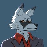 1:1 2023 anthro arctic_fox black_nose black_tipped_ears blue_background bust_portrait button_(fastener) canid canine cheek_tuft clothed clothing digital_drawing_(artwork) digital_media_(artwork) dress_shirt eyebrows facial_markings facial_tuft fluffy fox fur grey_clothing grey_eyebrows grey_suit head_markings hi_res hydr4nge4 inner_ear_fluff looking_down male mammal markings multicolored_body multicolored_fur neck_tuft portrait red_clothing red_dress_shirt red_eyes red_shirt red_topwear shirt simple_background solo suit suit_jacket topwear tuft vermill white_body white_fur white_inner_ear_fluff yellow_sclera