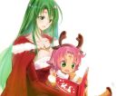  2girls antlers book breasts brown_gloves cape cecilia_(fire_emblem) cleavage elbow_gloves fa facial_mark fire_emblem fire_emblem:_fuuin_no_tsurugi fire_emblem_heroes forehead_mark fur_trim gloves green_eyes green_hair happy holding holding_book large_breasts long_hair mamkute multiple_girls nintendo oka_(umanihiki) open_book open_mouth parted_lips pointy_ears purple_hair reading red_gloves reindeer_antlers short_hair sidelocks simple_background sitting sitting_on_lap sitting_on_person smile white_background 