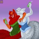 1:1 2023 alcohol alcoholic_drink anthro beverage black_nose breasts canid canine clothed clothing dreamspinner dress duo exposed_breasts eyes_closed featureless_breasts female fox foxenawolf fur gradient_background hair krinele_fullin mammal molly_fullin open_mouth red_body red_fur red_hair simple_background tail white_body white_fur white_hair