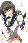  ;d alternate_breast_size ar_(lover_boy) bad_id bad_nicoseiga_id black_eyes black_hair breasts collarbone eyebrows_visible_through_hair fubuki_(kantai_collection) groin highres kantai_collection large_breasts older one_eye_closed open_mouth sailor_collar school_uniform serafuku short_hair short_ponytail short_sleeves simple_background smile solo white_background 