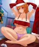  1girl absurdres armpits arms_up barefoot blush breasts christmas cleavage closed_mouth collarbone commentary_request elbow_gloves fate/grand_order fate_(series) fujimaru_ritsuka_(female) full_body gloves hair_ornament hat highres kisaragi_tsurugi large_breasts medium_hair navel orange_eyes orange_hair purple_shorts red_gloves red_headwear santa_hat short_shorts shorts side_ponytail sitting solo stomach thighs underboob 