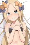  1girl abigail_williams_(fate/grand_order) bangs bare_arms bare_shoulders bed_sheet blonde_hair blue_eyes blush bow commentary_request fate/grand_order fate_(series) forehead hair_bow hands_up highres long_hair looking_at_viewer lying navel on_back orange_bow parted_lips polka_dot polka_dot_bow purple_bow solo sweat tears upper_body very_long_hair wide-eyed yakihebi 