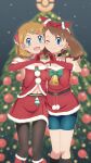  2girls :d ;) absurdres alternate_costume bead_necklace beads bike_shorts blue_eyes blurry blurry_background blush bow_hairband brown_hair christmas_tree closed_mouth commentary earrings elbow_gloves gloves hair_ornament hairband hairclip hand_up heart heart_hands highres jewelry looking_at_viewer may_(pokemon) multiple_girls necklace one_eye_closed open_mouth pantyhose pokemon pokemon_(anime) red_gloves red_skirt santa_costume scarletsky serena_(pokemon) skirt smile 