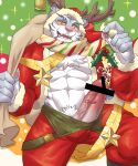  1boy abs animal_ears antlers bar_censor bara blush bulge candy candy_cane censored christmas colored_sclera erection erection_under_clothes feet_out_of_frame food furry furry_male gift_bag girthy_penis grey_fur hat highres large_hands large_pectorals looking_at_viewer male_focus male_pubic_hair muscular muscular_male naughty_face navel nimbus_(world_flipper) official_alternate_costume overalls_pull pectorals penis pubic_hair red_headwear reindeer_antlers santa_costume santa_hat short_hair smile snout solo sparkle_background stomach tail thick_eyebrows thick_thighs thighs tiger_boy tiger_ears tiger_tail underpec uneven_eyes urethral_insertion weedwolfeatmeat white_fur world_flipper yellow_sclera 