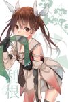  blush brown_eyes brown_hair cosplay elbow_gloves gloves hair_ribbon headband headband_removed jintsuu_(kantai_collection) jintsuu_(kantai_collection)_(cosplay) kantai_collection long_hair mouth_hold necktie pleated_skirt remodel_(kantai_collection) ribbon rinto_(rint_rnt) sailor_collar skirt solo tone_(kantai_collection) twintails white_background white_ribbon 