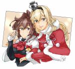  2girls ascot black_shirt blonde_hair blue_eyes braid brown_hair capelet crown flower french_braid fur-trimmed_capelet fur_trim kantai_collection long_hair long_sleeves messy_hair mini_crown multiple_girls neck_flower red_ascot red_capelet red_flower red_rose red_sweater ribbed_sweater rose sheffield_(kancolle) shirt sweater upper_body warspite_(kancolle) yamada_rei_(rou) 