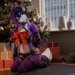 3d_(artwork) anthro arms_tied blender_(software) blender_cycles bound canid canine christmas christmas_tree clothing digital_media_(artwork) female fox fur gift gift_wrapped handwear hi_res holidays itsjag jag kneeling latex latex_clothing latex_handwear latex_legwear legwear living_room looking_offscreen mammal plant purple_body purple_fur ribbons solo tagme tree undercut