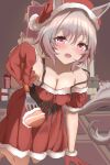  1girl absurdres alternate_costume animal_ears blurry blurry_background blush breasts cake christmas cleavage commentary_request curren_chan_(umamusume) dress food fork gift gloves grey_hair hair_between_eyes hair_ornament hat highres horse_ears horse_girl horse_tail incoming_food kneehighs open_mouth pen_gorou santa_dress santa_hat socks solo tail umamusume 