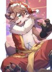  1boy animal_ears blush claws commentary_request fang fingerless_gloves furry furry_male gloves green_eyes hat highres looking_at_viewer male_focus navel one_eye_closed open_mouth otter_(housamo) otter_boy otter_ears otter_tail partially_undressed pawpads ponzu_tas santa_hat smile tail tokyo_afterschool_summoners whiskers 