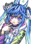  1girl :t @_@ absurdres ahoge animal_ears aqua_hair black_nails blue_eyes blue_hair blush bow closed_mouth commentary crossed_bangs drawstring finger_to_mouth hair_bow hand_up heterochromia highres hood hoodie horse_ears horse_girl long_hair long_sleeves looking_at_viewer multicolored_clothes multicolored_hair multicolored_hoodie nail_polish painting_(medium) pointing pointing_at_self pout purple_eyes sidelocks solo striped striped_bow stuffed_animal stuffed_rabbit stuffed_toy traditional_media twin_turbo_(umamusume) twintails two-tone_hair umamusume upper_body v-shaped_eyebrows watercolor_(medium) white_background yuika_b1ue 