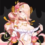  1girl bare_shoulders blush breasts choker cleavage clothes_pull collarbone duel_monster hair_over_one_eye hands_up heart highres horns large_breasts long_hair midriff multicolored_hair navel parted_lips pink_hair pointy_ears red_eyes shidoh279 shirt_pull slime_(substance) solo streaked_hair traptrix_pinguicula twintails two-tone_hair very_long_hair yu-gi-oh! 
