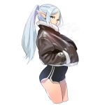  1girl absurdres alternate_costume alternate_hairstyle blue_hair breath casual cowboy_shot frieren from_side hands_in_pockets highres jacket leather leather_jacket long_sleeves looking_at_viewer pointy_ears ponytail popped_collar short_shorts shorts solo sousou_no_frieren white_background y_frt 