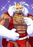 1boy absurdres animal_ears bara bear_ears bear_mask bear_paws bee_boy brown_eyes bulge christmas clothing_cutout cowboy_shot dark-skinned_male dark_skin facial_hair fake_animal_ears fishnet_cutout fur_trim goatee hat highres large_pectorals live_a_hero male_focus mask mature_male minatsumi muscular muscular_male official_alternate_costume one_eye_closed pectorals polaris_mask_(live_a_hero) santa_costume santa_hat smile solo thigh_cutout wrestling_mask wrestling_outfit 
